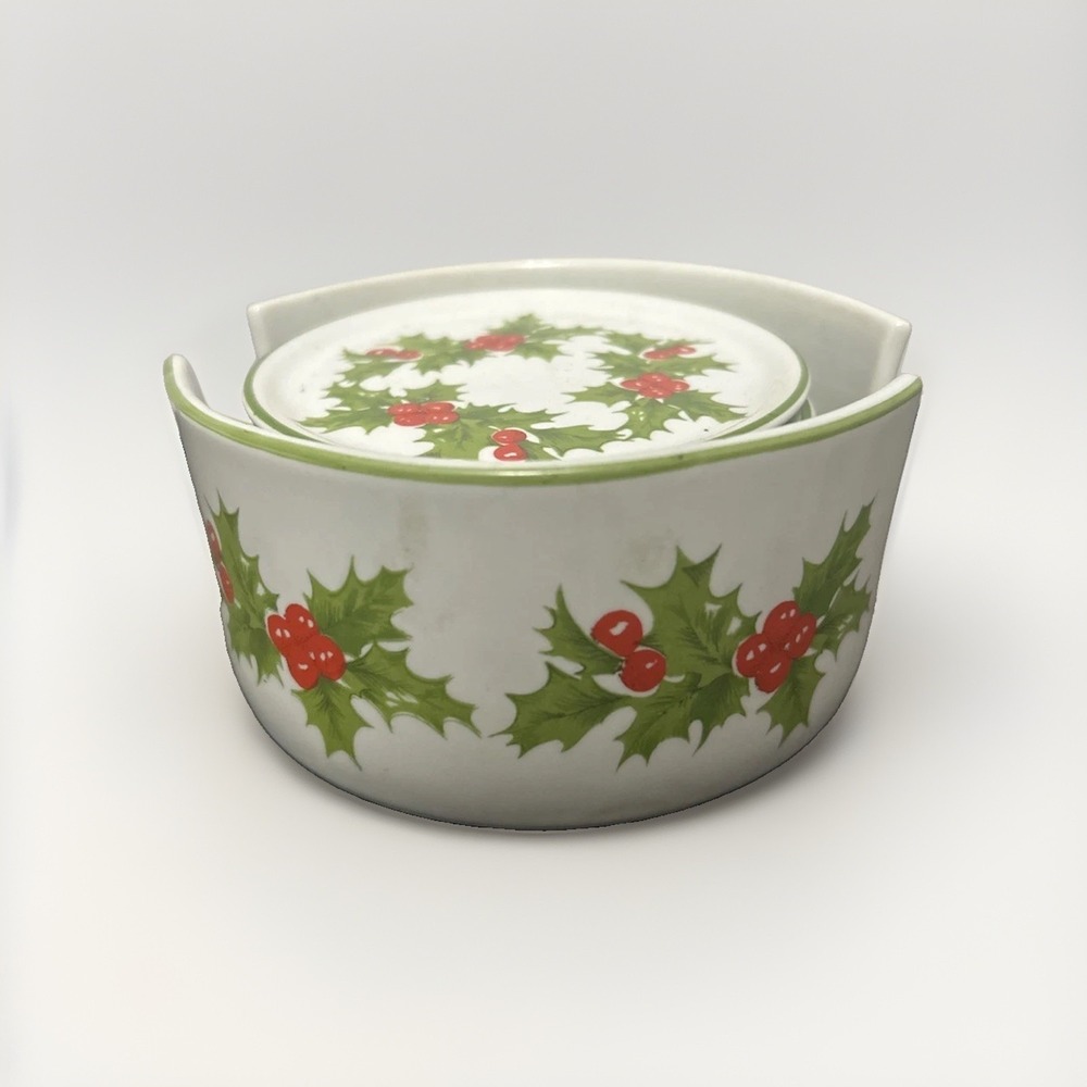 Vintage Christmas Schmidt Porcelana Brazil Holly Berry Porcelain Coasters Set
